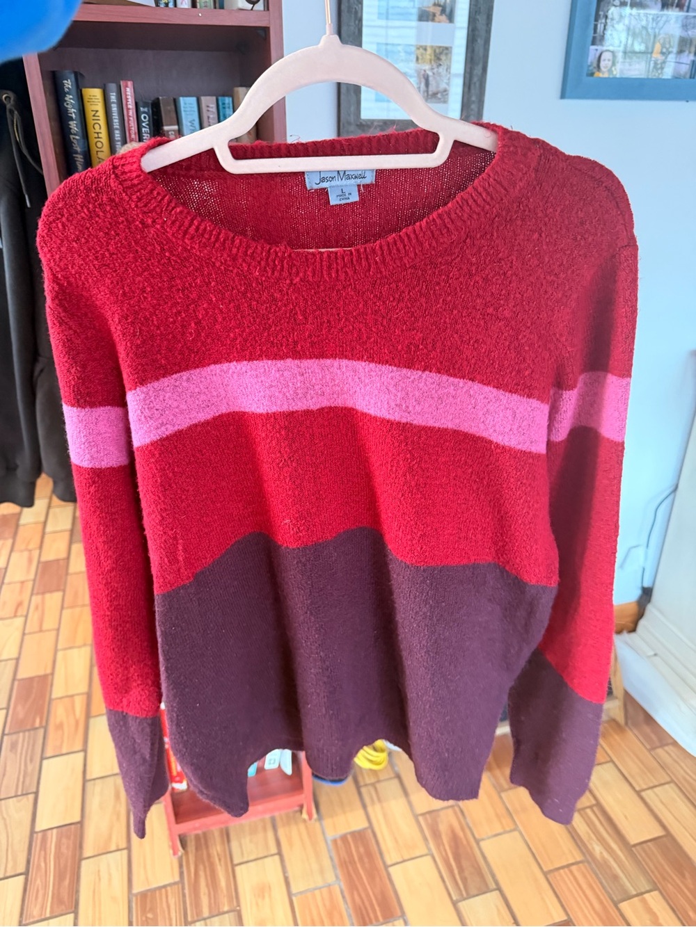 jason maxwell Red, Pink & Burgundy Colorblock Crewneck Sweater